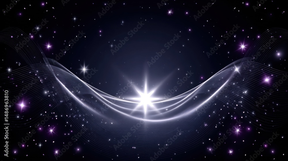 Poster cosmic light rays with sparkling stars and ethereal waves in a dark night sky background for an ench