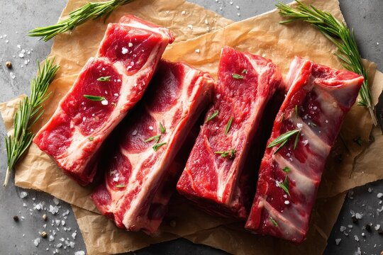 Freshly cut beef ribs on parchment paper with herbs and seasoning.