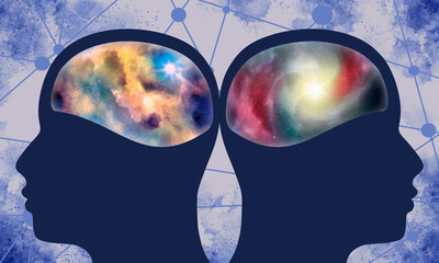 Silhouette of men heads textured by universe filled with stars.. Human communication and differences. Double exposure. Psychology and mental health. Dual personality concept.