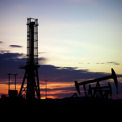 Dramatic Oil Pumps at Twilight Silhouette Against Gradient Sky Landscape
