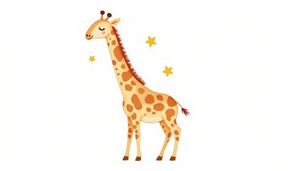 Obraz premium A cute cartoon giraffe with closed eyes and a gentle smile stands amongst a few small yellow stars.