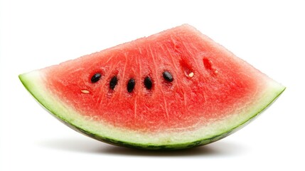 A single, triangular slice of watermelon with a red interior, black seeds, and a green rind sits on a white background