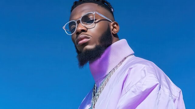Close-Up Portrait of a Stylish Man with Glasses in Pastel Lavender Outfit Against Blue Sky