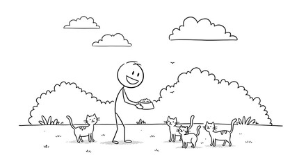 Stick figure man feeding cats in the park, cartoon illustration