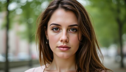 Obraz premium Portrait of a beautiful woman with long, flowing brown hair, captivating image of feminine beauty and style