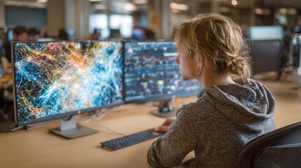 Woman focused on dual computer screens displaying complex data visualizations in a modern office