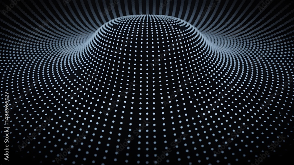 Poster 3d abstract wave of glowing white dots forming futuristic grid shape on black background digital lan