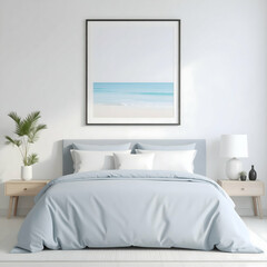 Serene Coastal Bedroom Interior with Light Blue Bedding White Walls and Ocean Seascape Painting for Relaxing Home Decor