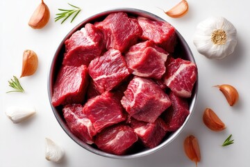Cubed beef meat in a metal bowl with seasonings.