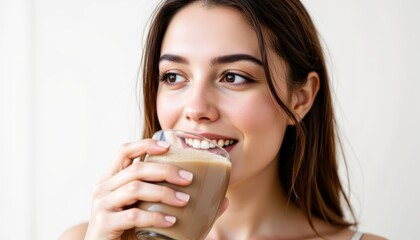 Healthy woman drinking a glass of milk, refreshing and nutritious beverage