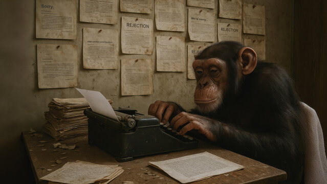 A committed chimpanzee attempting to write the great American novel from his dingy apartment. A primate at a vintage typewriter.