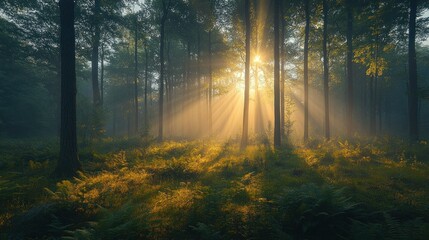 Naklejka premium Sunbeams pierce a misty forest floor