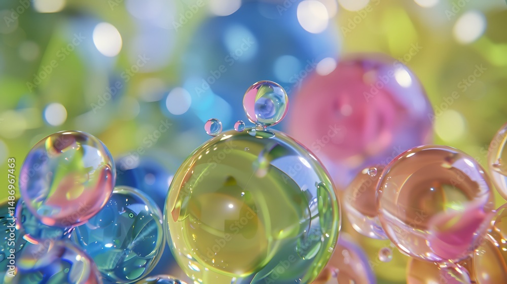 Poster colorful transparent spheres with reflections and bokeh abstract background
