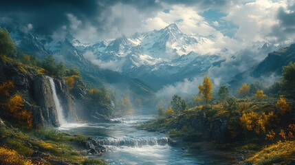 Serene valley waterfall landscape painting