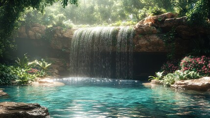 Serene waterfall jungle pool