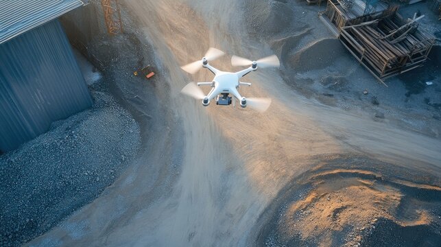 Construction zone with drone flying above dirt roads and material stockpiles