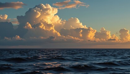 a wide open ocean horizon under a sky filled with dense, sculptural cumulus clouds, glowing with golden light from the late afternoon sun