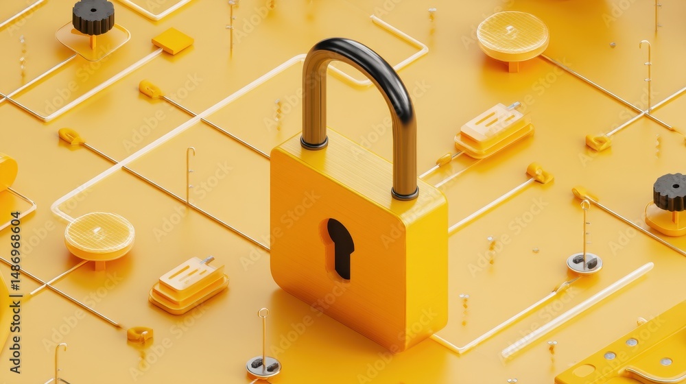 Poster yellow padlock surrounded by circuitry and digital elements representing security and technology con