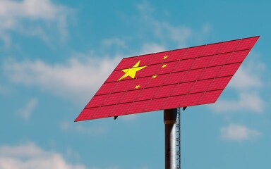Solar panel against blue sky China flag