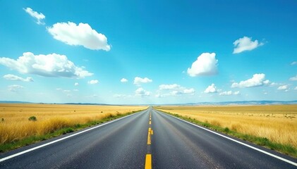 Fototapeta premium Open road stretching to horizon, vibrant blue sky, asphalt, destination