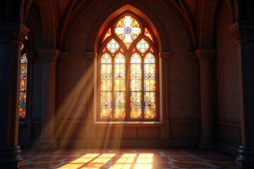 Obraz premium Sunlight streams through arched stained-glass window , antique, sacred, mystical
