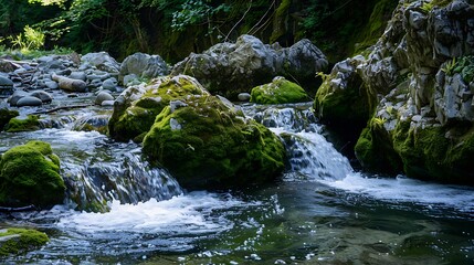 Fototapeta premium Crystal Clear Water Flowing Over Moss Covered Rocks In Lush Green Forest