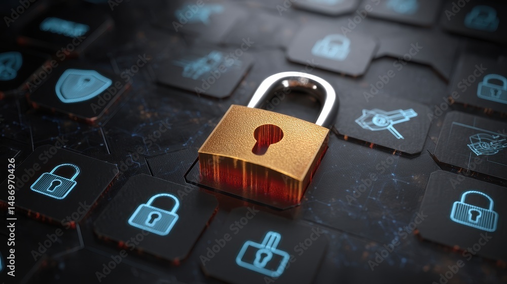 Poster modern digital security concept showcasing a gold padlock on computer keyboard, emphasizing protecti