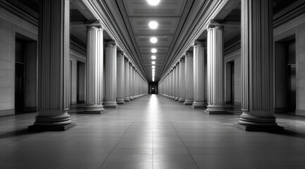 Monochrome colonnade, long perspective, vanishing point
