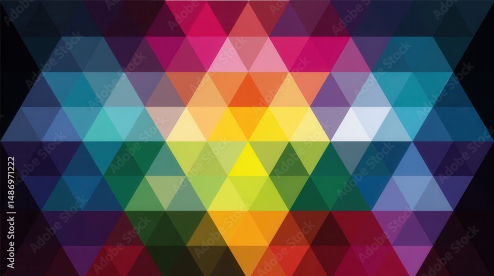 Poster colorful abstract pattern composed of interlocking triangles.