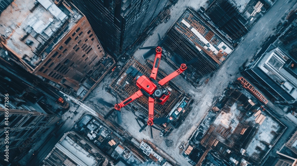 Poster drone hovering over construction site capturing aerial footage of structural progress