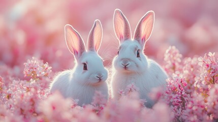 Fototapeta premium Two light blue rabbits among pink flowers