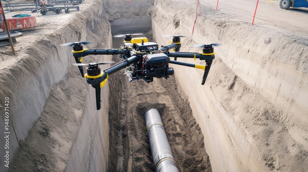 Poster drone monitoring pipeline installation trench and protective casing layout