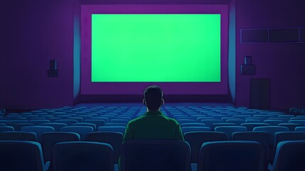 Obraz premium Man sitting alone in empty movie theater with green screen on large screen in dark cinematic environment 