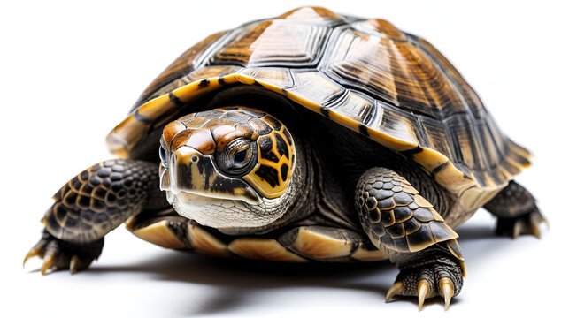 A detailed and textured shot of a land turtle with a beautiful shell, isolated against a white backdrop, showcasing its intriguing features.