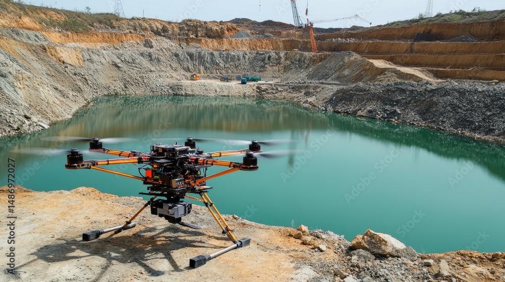 Poster drone with camera capturing time-lapse imagery of excavation progress