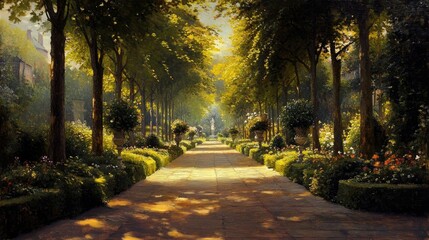 Obraz premium Serene Garden Path: A Sunlit Stroll Through Lush Greenery