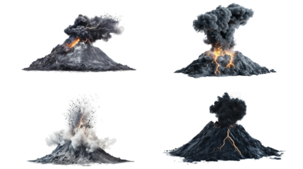 Realistic volcano eruption illustration with smoke and lightning, isolated on white background.
