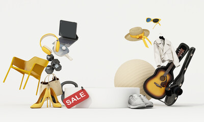 White minimalist sale concept with fitness, tech, and lifestyle items arranged around a central platform. 3d rendering.