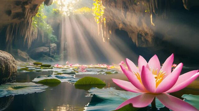 Pink lotus flower blooming in serene cave pond with sun rays shining through rocky ceiling in peaceful nature scene
