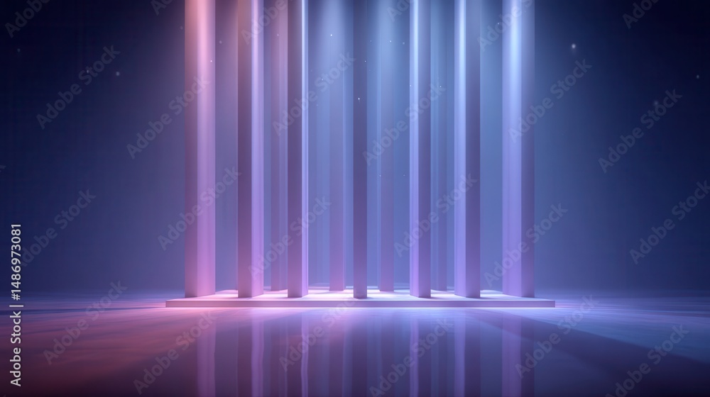 Poster abstract illuminated columns on a reflective surface.