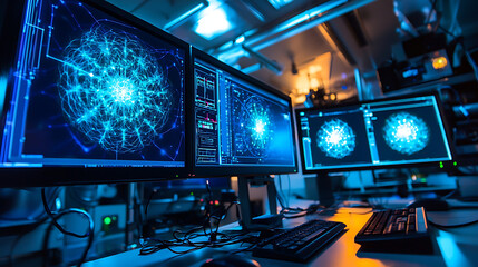 Fototapeta premium A computer monitor displays a blue sphere with a green dot in the center