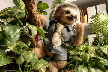 Obraz premium Sloth in Business Attire Among Office Plants