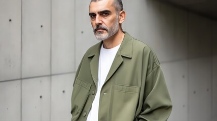 Mature Man in a Pastel Sage Green Cardigan Relaxed in an Urban Setting with Concrete Background