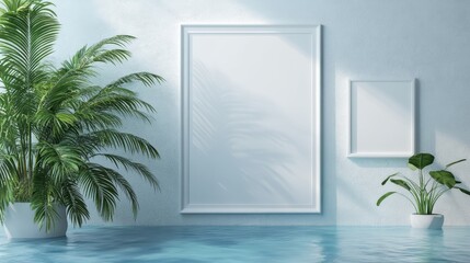 A vibrant indoor scene with plants and two blank picture frames. Perfect for showcasing your designs or inspirational messages.