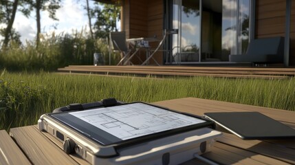 Field tablet docked into portable charging case, blueprints and permit papers nearby