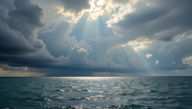 a dramatic sky of turbulent storm clouds rolling over a tranquil sea. the contrast between peaceful water and chaotic sky adds strong emotional depth. cinematic composition, 8k resolution.