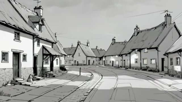 A quaint, monochrome illustration depicts a charming village street scene, showcasing a row of traditional thatched-roof houses under a softly clouded sky.