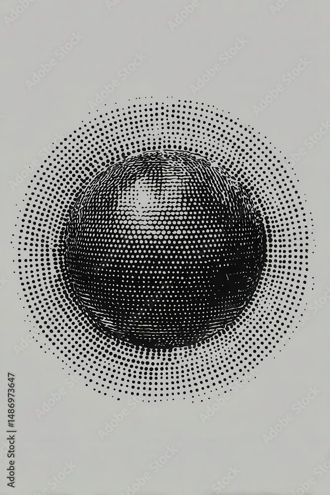 Poster stylish halftone sphere design in grayscale.
