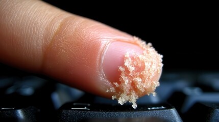 Close-up of fingertip with crumbs on keyboard key.