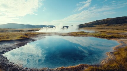 Tranquil Hot Spring Landscape Reflecting Sky and Clouds in Iceland Scenery